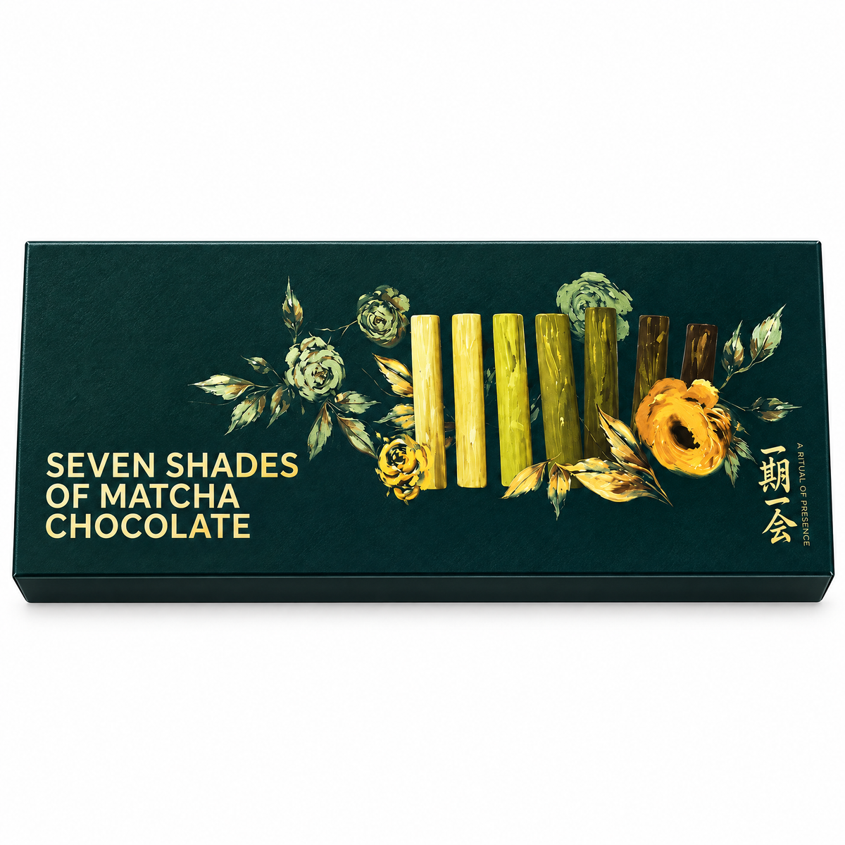 Dichte doos 7 Shades of Matcha Chocolate met gouden letters en geschilderde bloemen
