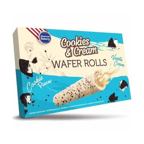 Amerikanische Bäckerei - Waffelröllchen Cookies &amp; Cream 120 Gramm