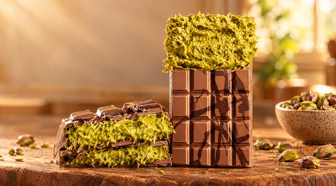 Dubai chocoladereep van melkchocolade met een dikke laag pistache-knafeh, naast een doorgebroken reep met groene vulling en een schaal pistachenoten