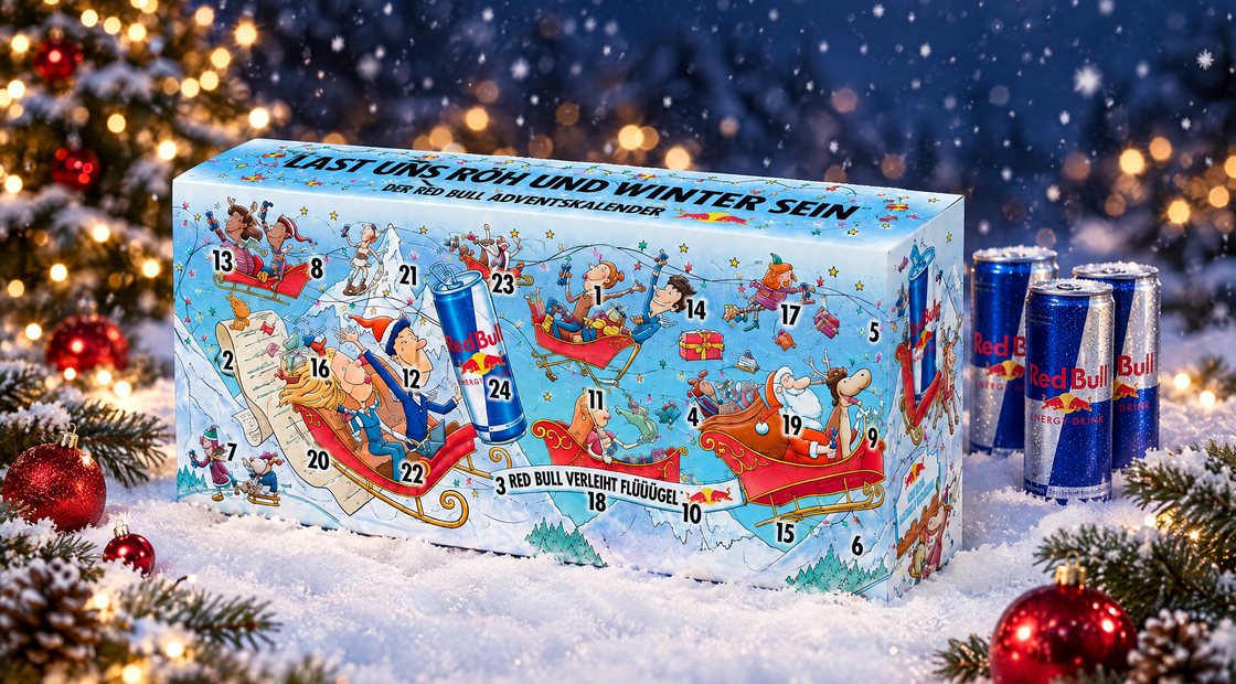 De Red Bull Adventskalender 2026 met 24 blikjes in de sneeuw, naast drie blikjes Red Bull Energy Drink en kerstversiering