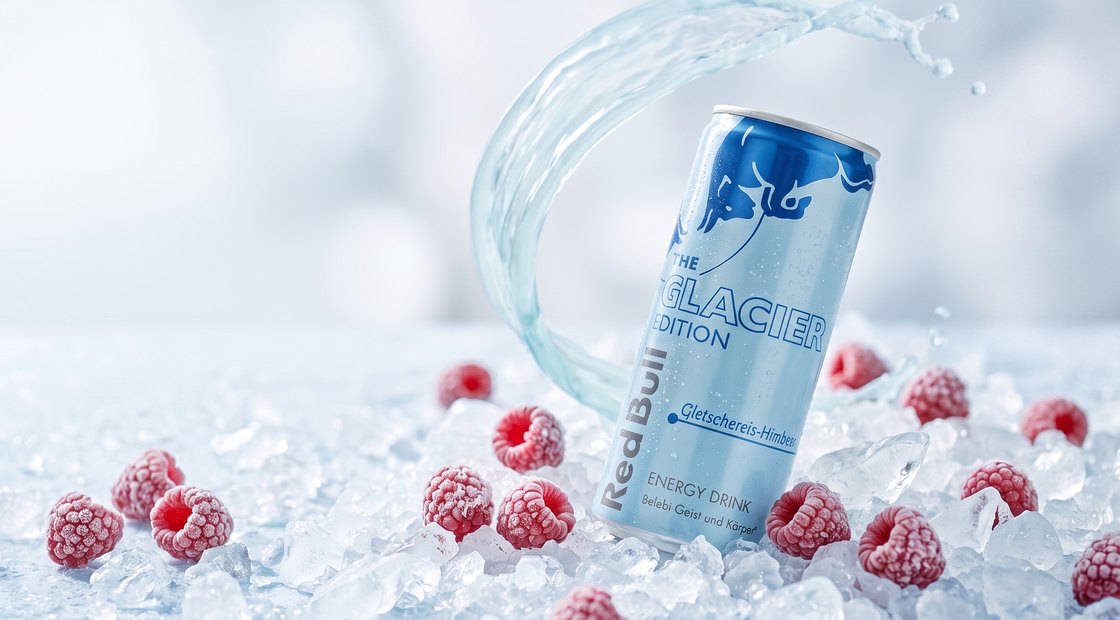Blikje Red Bull Glacier Edition Gletschereis-Himbeere op crushed ice tussen bevroren frambozen, met een opspattende waterboog erachter