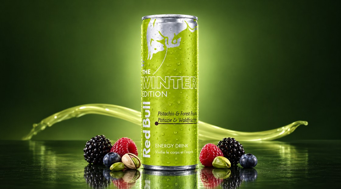 Blikje Red Bull The Winter Edition met pistache en bosvruchten, omringd door bramen, frambozen, blauwe bessen en pistachenoten