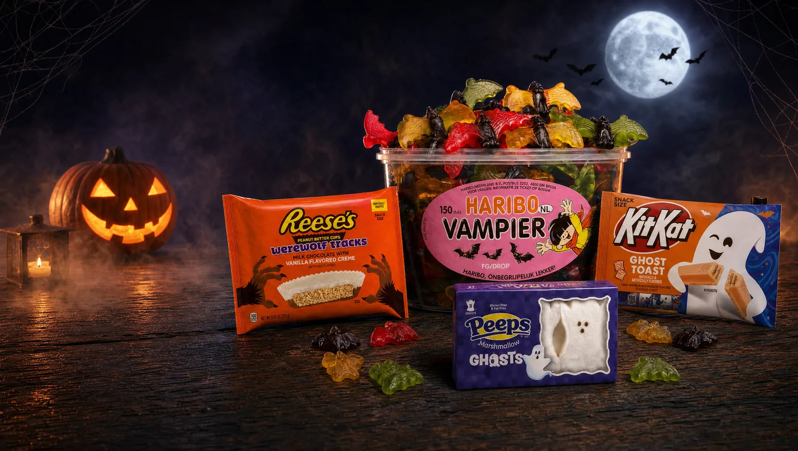 Halloween collectie: Haribo Vampier, Reese's Werewolf Tracks, Kit Kat Ghost Toast en Peeps Ghosts