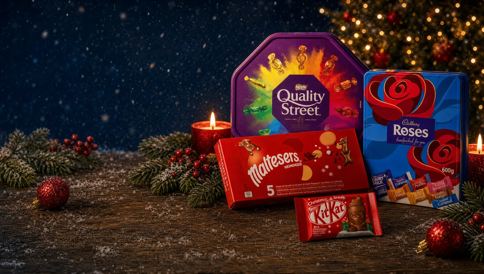 Kerst collectie: Quality Street, Cadbury Roses, Maltesers Reindeer en Kit Kat Santa